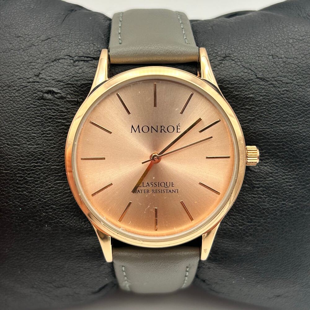 Monroe By Maestro Classique Rose Gold Tone Gray Leather Band Watch New Battery